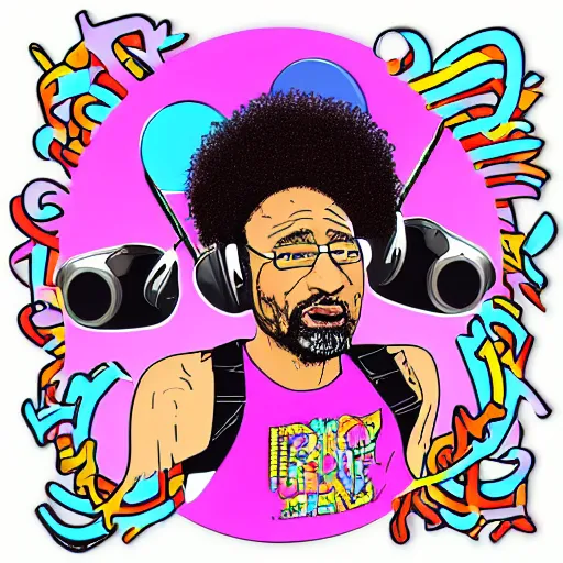 Image similar to svg sticker of a Dancing-Ben-Harper-Snoop-Spike-Lee-with-a-large-Afro-Puff, at a rave, spinning records, giant headphones rocking out, wearing headphones, huge speakers, dancing, rave, DJ, spinning records, digital art, amazing composition, rule-of-thirds, award-winning, trending on artstation, featured on deviantart