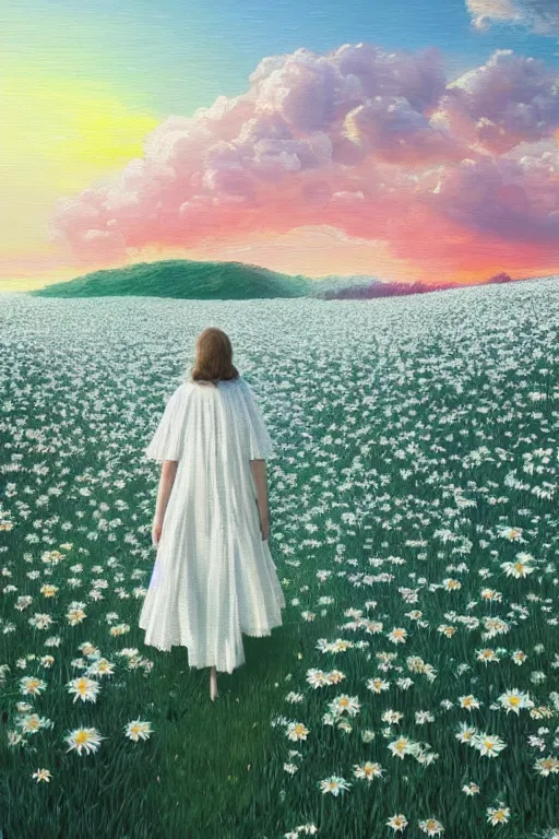 Image similar to giant white daisy flower veil, girl walking in a flower field, surreal photography, sunrise, dramatic light, impressionist painting, colorful clouds, digital painting, artstation, simon stalenhag