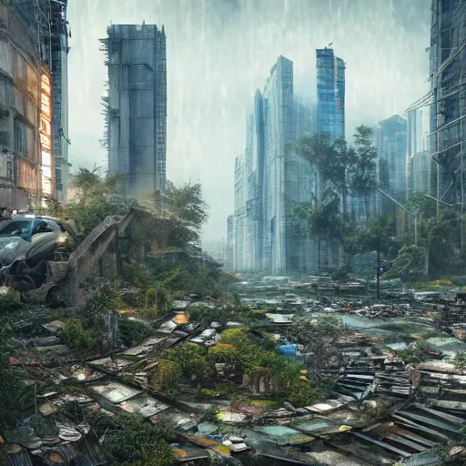 Prompt: beautiful nature reclaiming a dystopian city, cyberpunk, sharp focus, dynamic lights, still, photograph, hyper realistic, masterpiece, octane render, rendered, 3 d, cinematic, cinematic lighting, dramatic lighting, highly detailed, intricate details, texture, cinematic composition, by donglu yu and kevin jick and eddie del rio