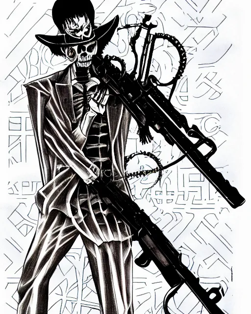 Image similar to shin megami tensei art of a demon that is a skeleton mafia gangster from 1 9 3 0 s holding a tommygun, art by kazuma kaneko, demonic! compedium!, digital drawing, law - alligned, white background, high quality, highly detailed