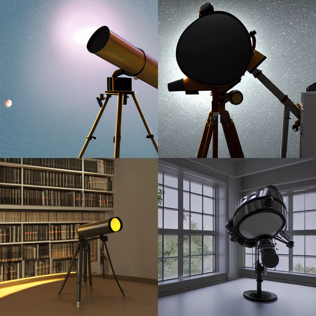 Prompt: astronomical telescope in the library, octane render