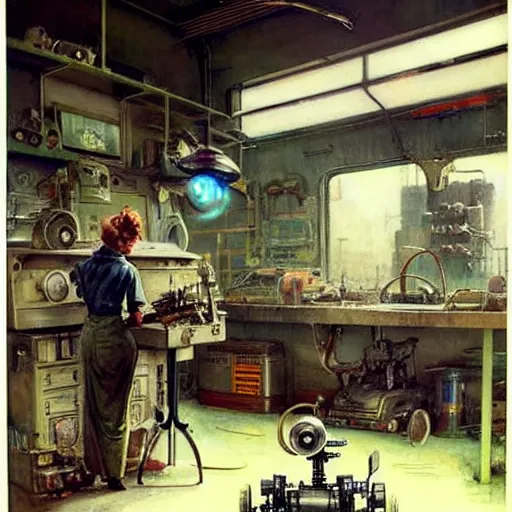 Image similar to ( ( ( ( ( 1 9 5 0 s retro boy inventors science fiction cluttered robot mechanics shop interior scene. muted colors. ) ) ) ) ) by jean - baptiste monge!!!!!!!!!!!!!!!!!!!!!!!!!!!!!!