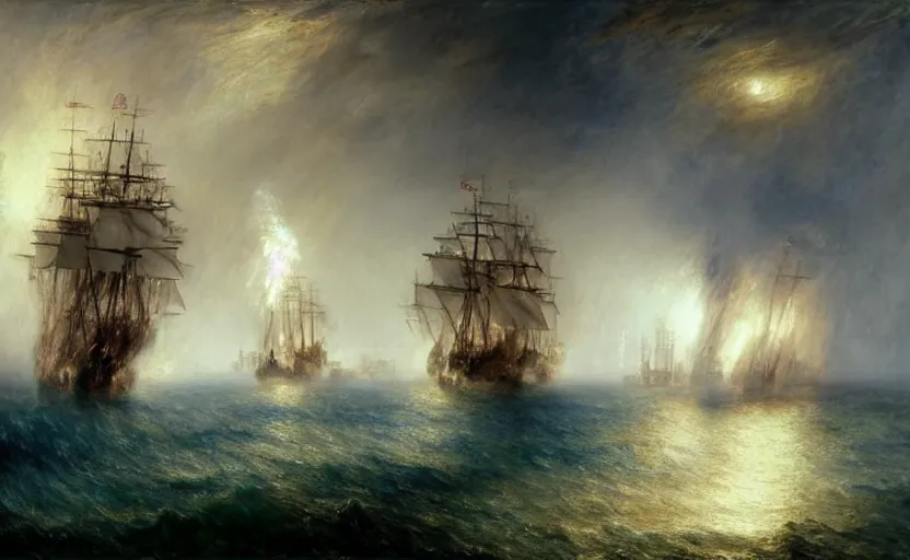 Image similar to epic naval battle, pirate galleons. by artstation trending, by joseph mallord william turner, luis royo, konstantin razumov, cinematic lighting, fractal flame, highly detailed