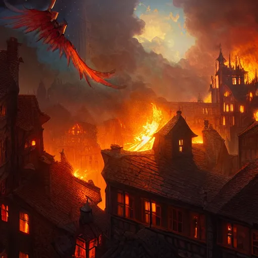 Prompt: Phoenix in fire flying through a medieval town by night, DnD character, unreal engine, octane render, dramatic lighting, pond, digital art, by Stanley Artgerm Lau, greg rutkowski, thomas kindkade, alphonse mucha, loish, norman Rockwell