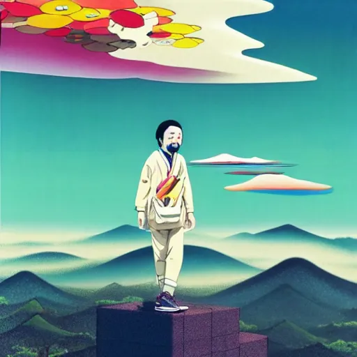 Image similar to a man walking on clouds away from the camera above kyoto by takashi murakami, beeple and james jean, aya takano color style, 4 k, super detailed, modern, 4 k, symmetrical