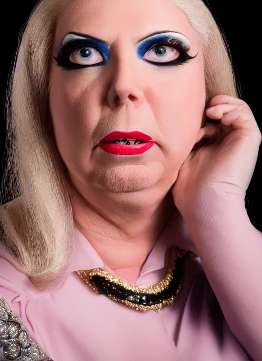 Image similar to studio portrait of lindsey graham in full drag dressed in drag dressed as a woman makeup, 8 k, studio lighting, key light, back light, sequents,