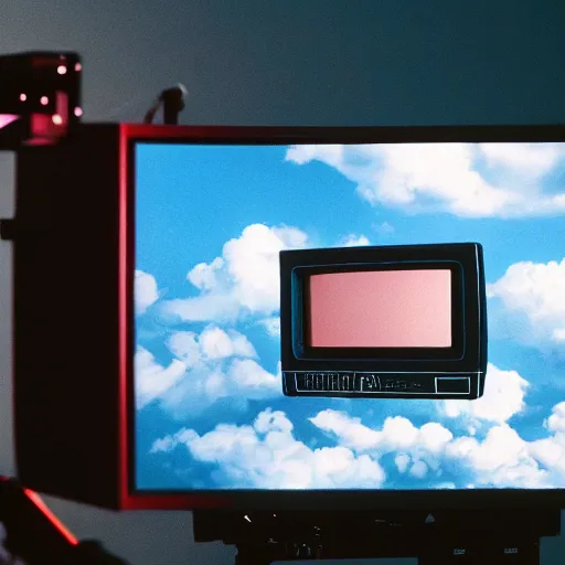 Image similar to a wide angle (((((((((close up)))))))))) professional studio photograph of a 90s television and VHS combo playing a video of clouds, key light, 50mm, shallow depth of field, no artefacts