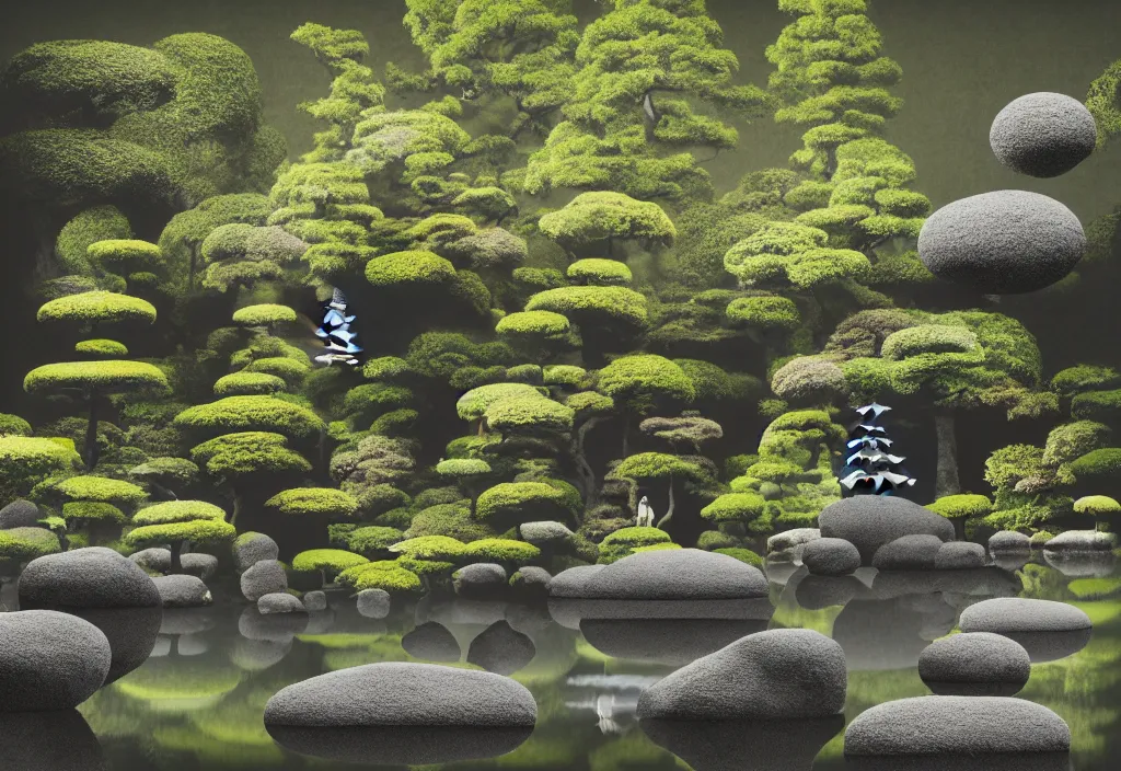 Image similar to serene beautiful temple rock garden kyoto, japan, a collage painting, in the style of wes anderson, lola dupre, david hockney, isolated on negative white space background dark monochrome fluorescent neon spraypaint accents volumetric octane render