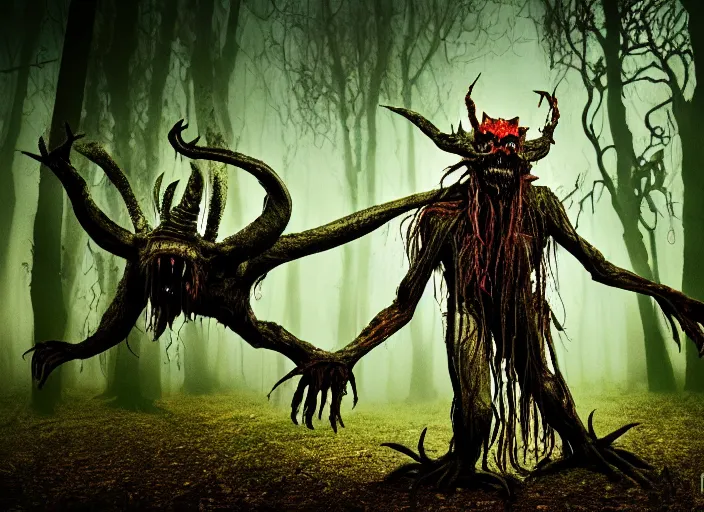 Prompt: an incredibly scary and very very unique monster creature of evil nature with animal, human and tree like characteristics, ancient folk legend in the forest, extremely creative and detailed, gloomy colors, 1 8 mm lens, digital medium format photography