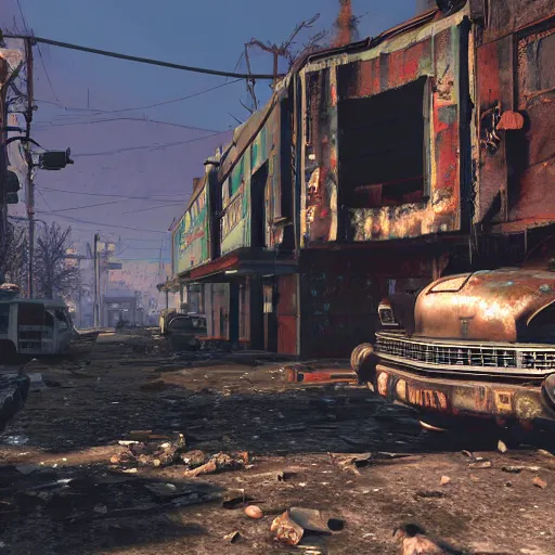 Prompt: Albuquerque, New Mexico in ruins post-nuclear war in Fallout 4, in game screenshot