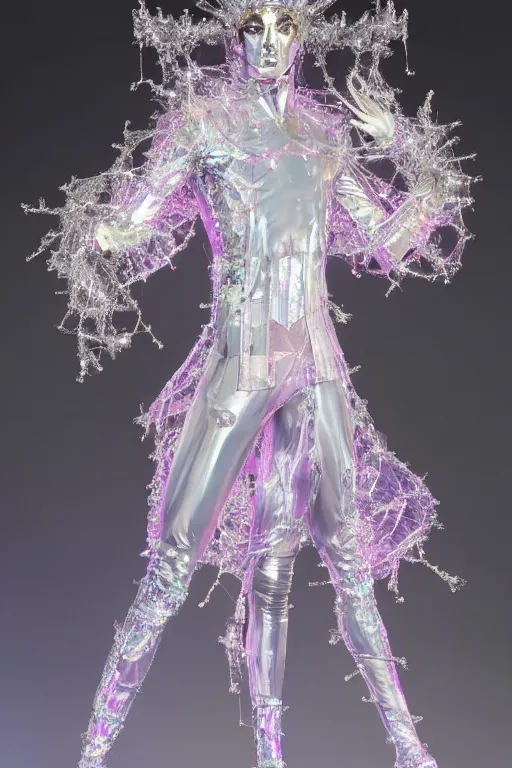 Image similar to full-body rococo and cyberpunk delicate crystalline sculpture of (((muscular slender Spanish male))) as an iridescent humanoid deity wearing a thin see-through ((plastic hooded cloak)) sim roupa, reclining con (las piernas abiertas), glowing pink face, crown of (((white lasers))), large diamonds, swirling black silk fabric. futuristic elements. oozing glowing liquid, full-length view. space robots. (((human skulls))). throne made of bones, intricate artwork by caravaggio. Trending on artstation, octane render, cinematic lighting from the right, hyper realism, octane render, 8k, depth of field, 3D