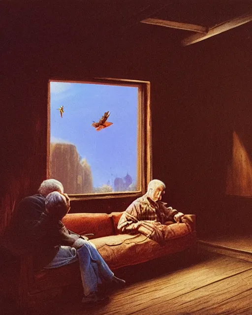 Image similar to old couple sitting on a couch in an old wooden house and looking at a scared boy flying in sky, psx game graphics , Beksinski painting