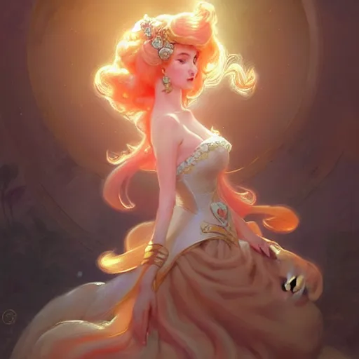 Image similar to Princess Peach, fantasy, intricate, elegant, highly detailed, digital painting, artstation, concept art, matte, sharp focus, illustration, art by Artgerm and Greg Rutkowski and Alphonse Mucha