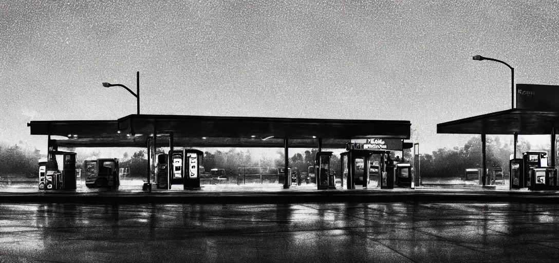 Image similar to Look of a lonely gas station, rain, night, noire moody scene, digital art, 8k, moody details