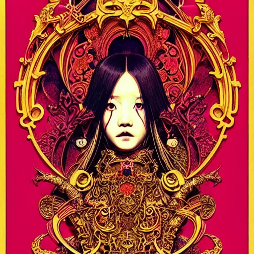 Image similar to jisoo + blackpink + elements + red + gold + neon + baroque + rococo + white + orange + ink + tarot card, ornate + by marc simonetti, paul pope, peter mohrbacher, detailed, intricate ink illustration + damask + award winning + 8 k