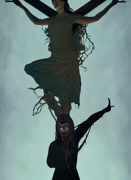 Image similar to poster artwork by Michael Whelan and Tomer Hanuka, Karol Bak of religious Emma Watson nightmare of the crucifixion, from scene from Twin Peaks, clean