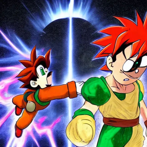 Image similar to luigi and son goku fighting, intense fight, epic lighting