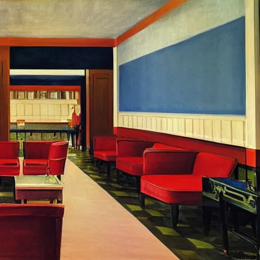 Prompt: interior of a 1 9 4 0 s hotel lobby, by edward hopper