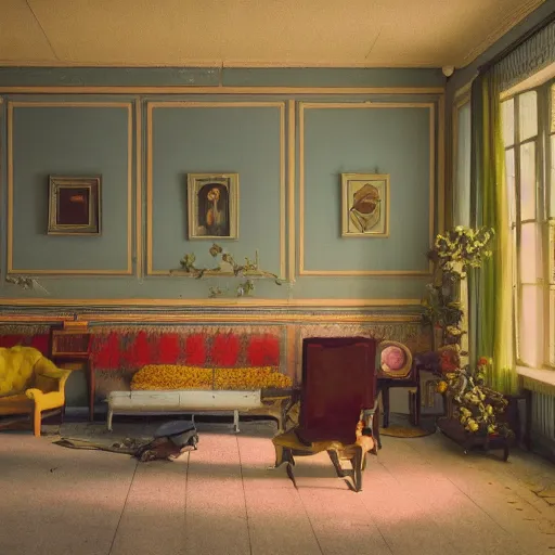 Prompt: a lot of different flowers in a liminal abandoned room, film still by wes anderson, depicted by balthus, limited color palette, very intricate, art nouveau, highly detailed, lights by hopper, soft pastel colors, minimalist