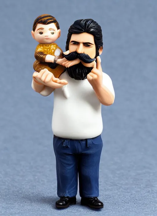 Image similar to 80mm resin detailed miniature of beautiful europenian man with moustache and no beard wearing white t-shirt and holding tabby cat, Product Introduction Photos, 4K, Full body