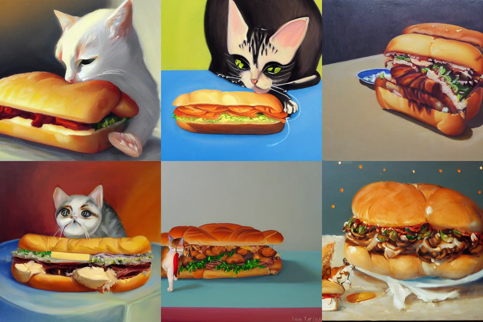 Prompt: an oil painting of a cat biting into a big sandwich, by Aya Takano