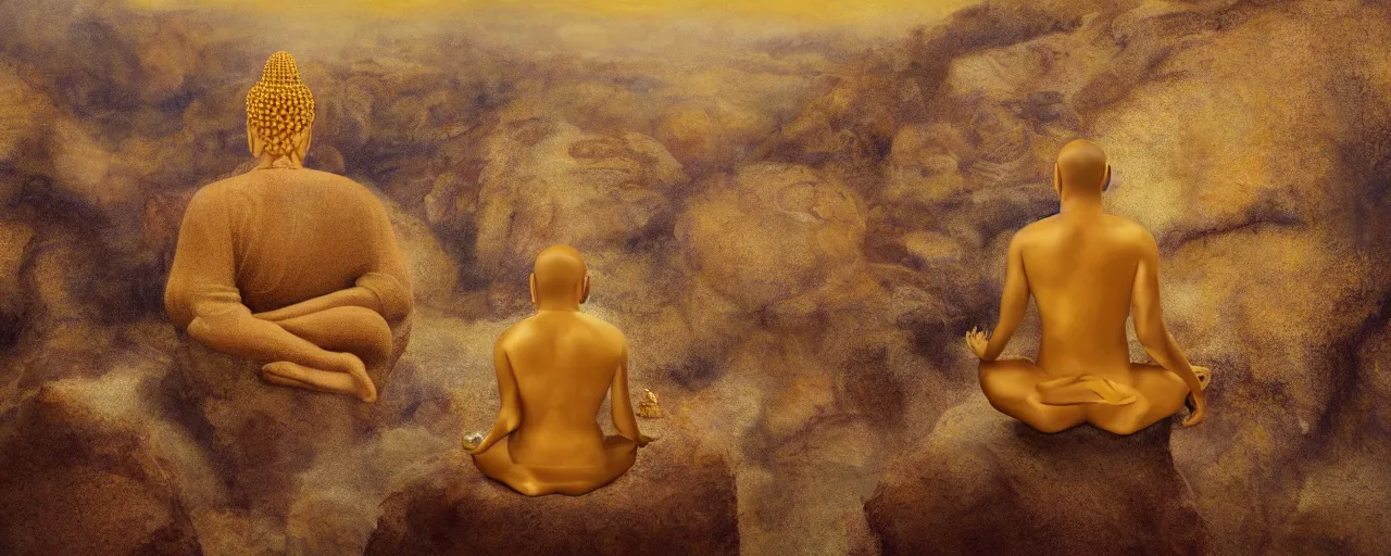 Prompt: a surreal golden painting of a man meditationg on a cliff where he sees giant buddahs eyes floating in the desert