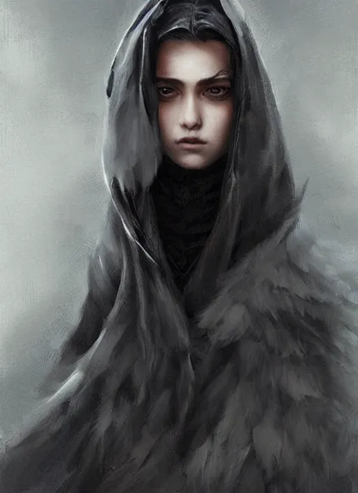 Image similar to a teenage girl with very short black hair and a huge cloak made of grey and black feathers. beautiful highly detailed face. beautiful painting by artgerm and greg rutkowski and raymond swanland