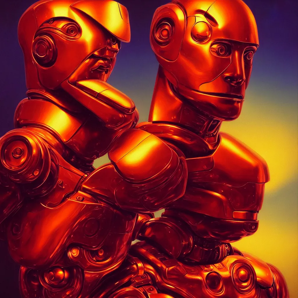 Image similar to cinematic bust portrait of psychedelic god robot from left, head and chest only, robotic improvements, part of Moebius, part of maxfield parrish, part of Thomas Ehretsmann,, oil on canvas, masterpiece, trending on artstation, cinematic composition, dramatic pose, beautiful lighting, sharp, details, hyper-detailed, volumetric lighting 4K