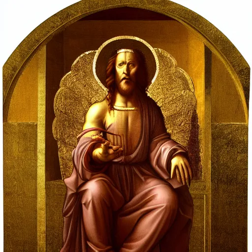 Image similar to god in heaven sitting on a golden throne, leonardo da vinci style, clear, coherent, detailed, 4 k