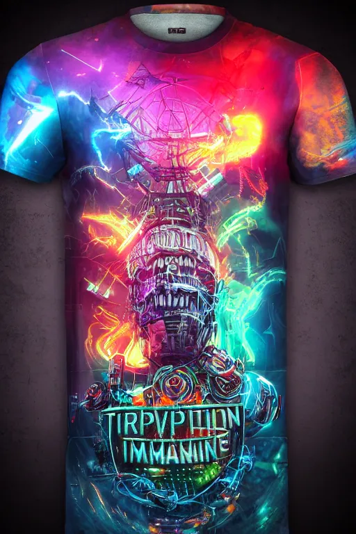 Image similar to a band shirt, tshirt, bandname is tripmachine, tourname is invasion of the tripmachines, realistic digital art, 3 d render of a huge futuristic steampunk generator, 8 k, fluorescent colors, halluzinogenic, multicolored, exaggerated detailed, unreal engine