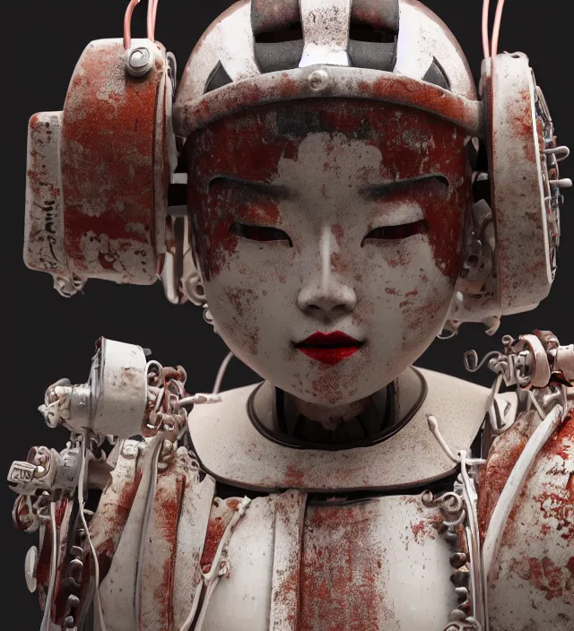 Image similar to portrait of a slightly rusty beautiful japanese robotic geisha with wires and actuators, porcelain white face, dramatic lighting, hyper - realistic, ultra - realistic, intricate details, japanese model, 8 k ultra high definition, octane render