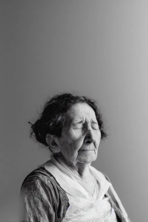 Prompt: A hyper-realistic black and white photograph taken with a 50mm 1.4 lens of a 180-year-old woman with her eyes closed