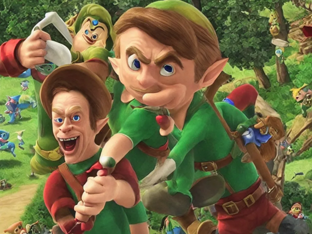 Prompt: a screencap of Steve Buscemi playing Tingle in a new The Legend of Zelda movie