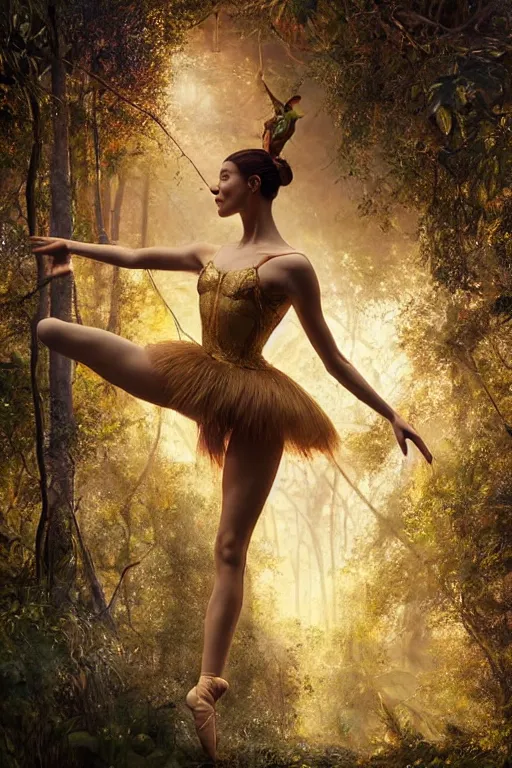 Image similar to stunningly beautiful, turkish prima ballerina in jungle, symmetrical face, golden hour, smooth, focus, highly detailed, hyper realistic, dramatic lighting, elegant, intricate, concept art, art by wlop, mars ravelo, greg rutowski