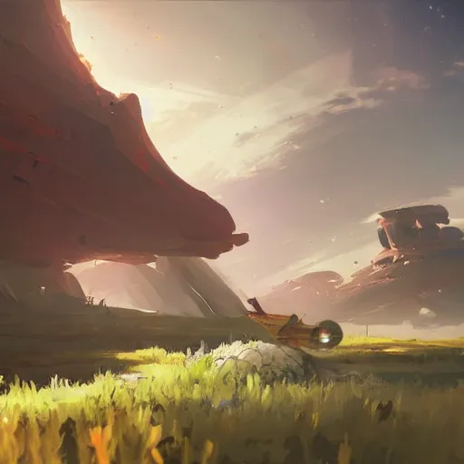 Image similar to landscape painting of a small spaceship crashed into a foreign planet. The spaceship is buried in the ground, smoking. clean sharp digital art, environment concept art, by rossdraws, ghibli, breath of the wild, greg rutkowski