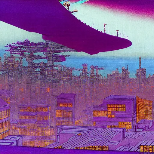 Image similar to purple cyberpunk city, by Hokusai and Beksinski