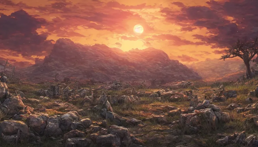 Image similar to the beautiful, chilling, panoramic view of dead calvary soldiers on a field and rocks at dusk. my soldiers, rage! hyperrealistic anime background illustration by kim jung ki, colorful, extremely detailed intricate linework, smooth, super sharp focus, bright colors, high contrast, matte, octopath traveler, unreal engine 5 highly rendered, global illumination, radiant light