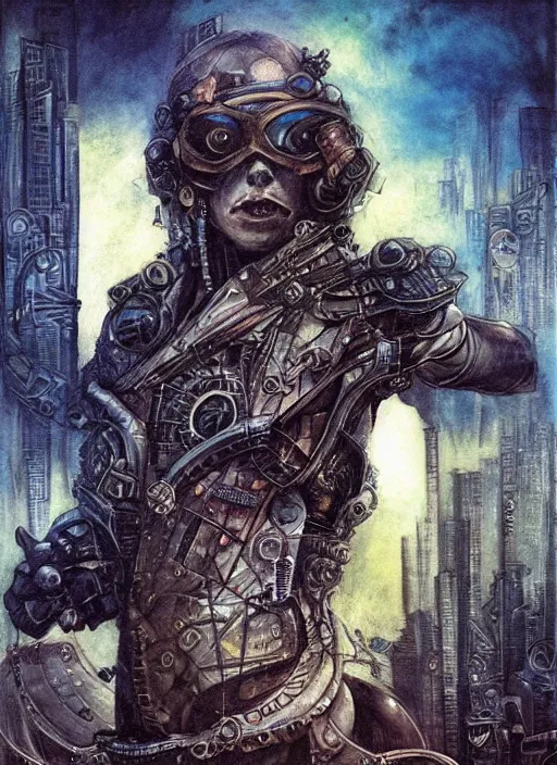 Image similar to portrait of sci - fi biker, cityscape background, beautiful! coherent! by brom, by brian froud, deep color, strong line, high contrast