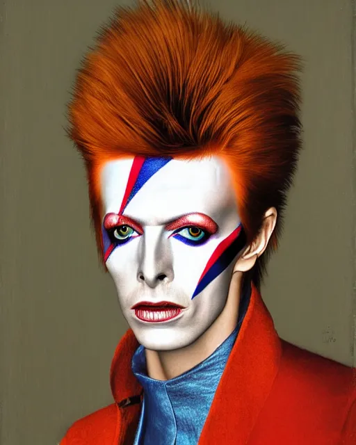 Prompt: a detailed portrait of david bowie as ziggy stardust by jean auguste dominique ingres, hyperrealism