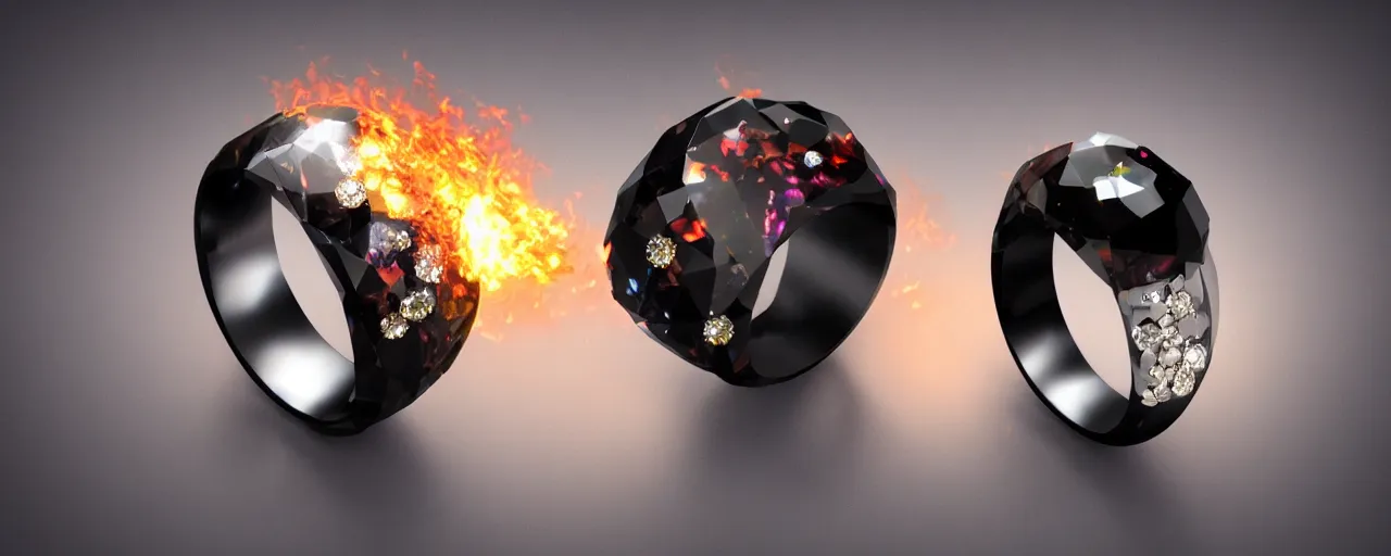 Image similar to black magic crystal ring, fire, flame, ashes, smooth, crystal, engravings, diamonds, product design, jewelry, colorful, art by gerald brom, greg rutkowski and artgerm, photo realism, unreal engine, c 4 d