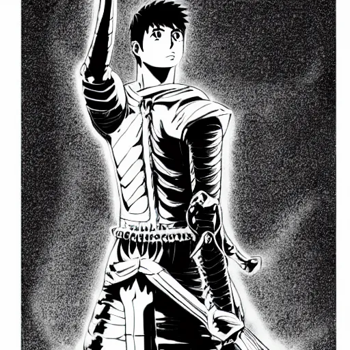 Image similar to pose of guts from berserk in the style of kentaro miura ’ s black and white manga art