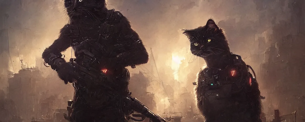Image similar to a portrait of a futuristic cyberpunk british longhair cat soldier in war scene, epic scene, epic lighting, by greg rutkowski