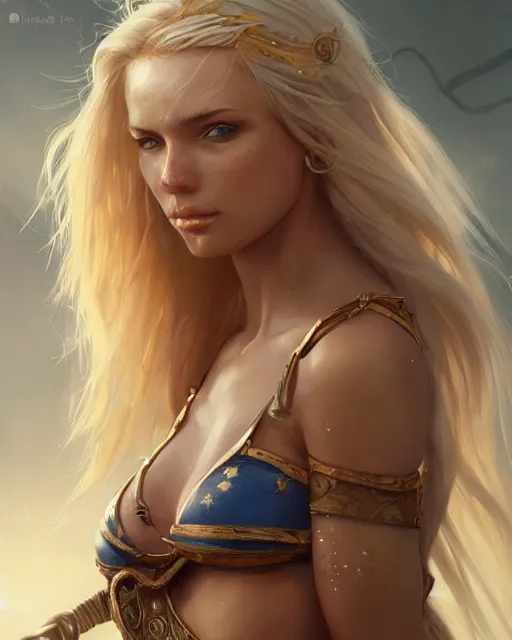 Image similar to A beautiful blonde warrior wearing a magical bikini posing on a boat, beautiful face, highly detailed face, close-up, fantasy art, in the style of greg rutkowski, illustration, epic, fantasy, intricate, hyper detailed, artstation, concept art, smooth, sharp focus, ray tracing
