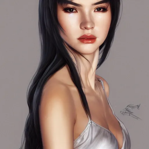 Prompt: portrait of cassandra cain wearing satin nightgown, platinum silver hair, attractive, casual, modern, victoria's secret, highly detailed, digital painting, artstation, concept art, smooth, sharp focus, illustration, art by artgerm, greg rutkowski and alphonse mucha