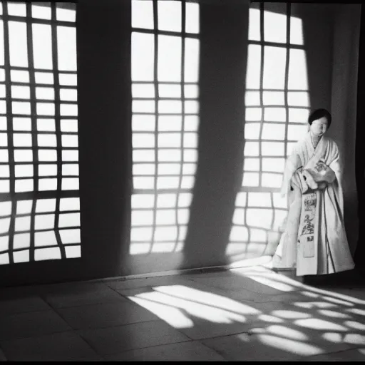 Image similar to woman in traditional hanbok waiting on living room couch, shadow of a giant Kaiju-eiga starfish, behind screen window, 35mm film still, monochrome, Wes Anderson, Fritz Lang