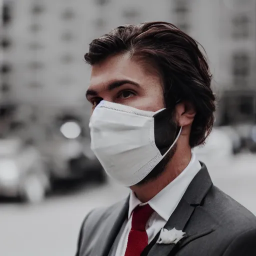 Prompt: blurry picture of a man wearing a bloody suit and a cheap plastic anonymous mask, 4k, film grain