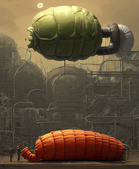 Image similar to inflated industrial plant made from obese isopod lobster octopus, in the style of puffy spaceship, giant botany, partly cloudy, spooky, dramatic lighting, by geof darrow, bill sienkiewicz, dan mumford, yusuke murata, makoto shinkai, ross tran, cinematic, unreal engine, cel shaded, featured on artstation, pixiv