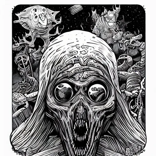 Prompt: head eating itself with long tongue and dark ink bombing from the eye, illustrated by Dan Mumford