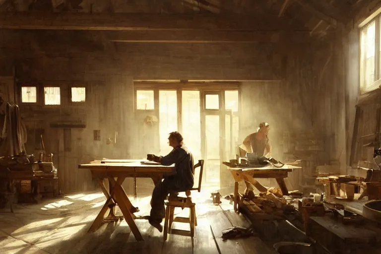 Image similar to simple craftsman fine woodworker building a wooden table in their well lit clean open workshop, art by anders zorn, wonderful masterpiece by greg rutkowski, beautiful cinematic light, american romanticism thomas lawrence, greg rutkowski