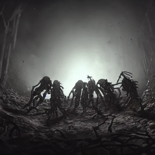 Prompt: 5 living undead skeletons emerging from a pile of brown shit and dirt in the bottom of a very dark well. swords in their hands. wide angle. trending on artstation, craig mullins, gopro lens.